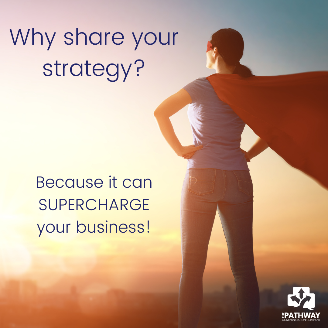 An image of a white woman in jeans and a T-shirt, with her hands on her hips wearing a red cape and a red eye mask. She is looking away from the camera into a distant sunrise.  There is text on the image that says 'Why share your strategy' and 'Because it can supercharge your business'